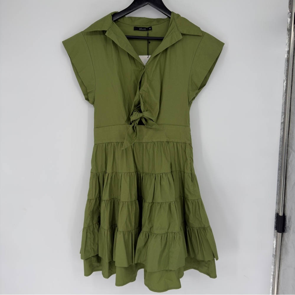 NEW DELUC Green Olive Frilly Mini Tiered Dress Sz Medium - Picture 2 of 7